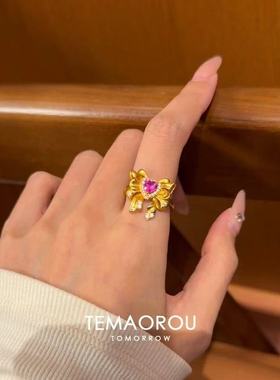 水冰月~不掉色金色蝴蝶结粉爱心闪钻戒指女复古高级感食指戒指环