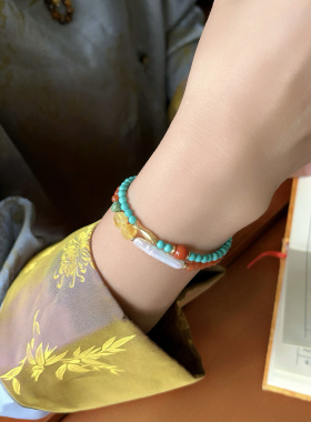 「暗香浮动」4mm天然南红火焰红手串蜜蜡松石串珠手链简约可叠戴