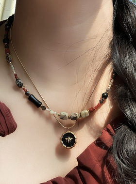 手作天然石项链黑玛瑙红石麦饭石锁骨链可叠戴毛衣链钛钢吊坠项链
