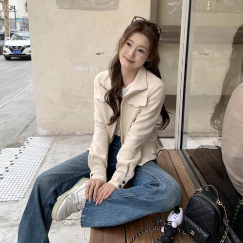 JAMUUS春秋新款白杏色麂皮外套女韩系休闲机车夹克百搭短款上衣 - 图1