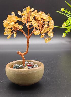 办公室的小黄金水晶发财树摆件