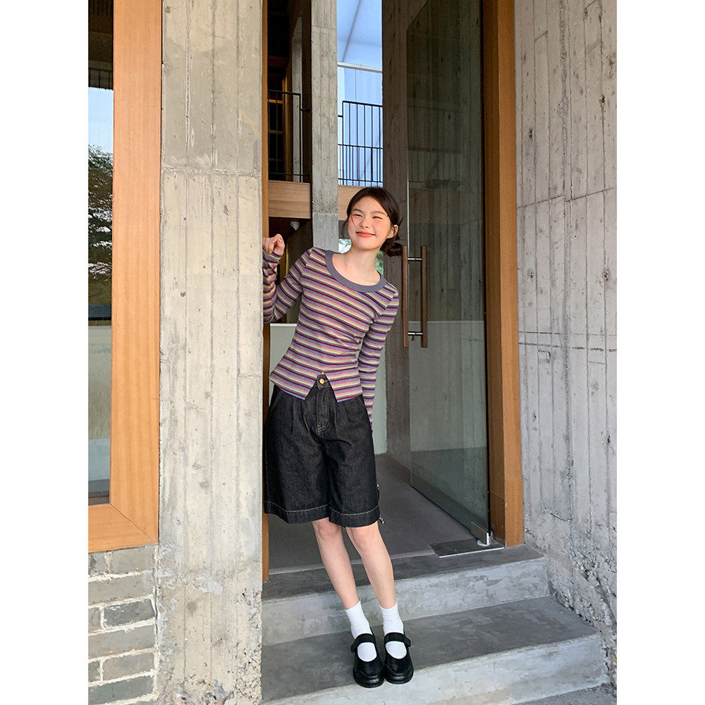 你好卡农 撞色条纹衣摆开叉长袖t恤女春季新款修身显瘦设计感上衣,淘宝优惠券,粉丝福利购,淘宝优惠卷