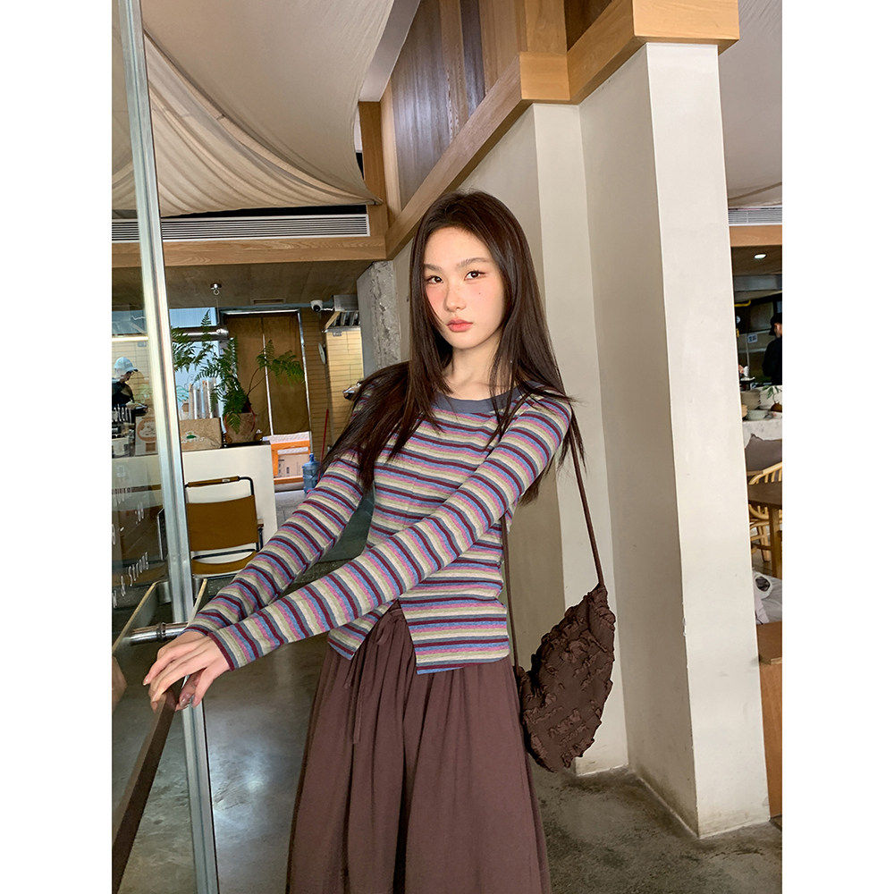 你好卡农 撞色条纹衣摆开叉长袖t恤女春季新款修身显瘦设计感上衣,淘宝优惠券,粉丝福利购,淘宝优惠卷