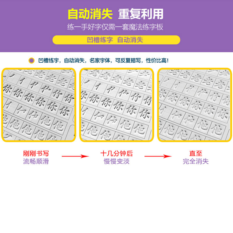 学生魔法练字板 基础版 赠1支笔/3支笔芯 立体凹槽字模 自动褪色消失/反复描写 幼儿园儿童小学一二年级 楷书练字帖快速练一手好字 - 图2