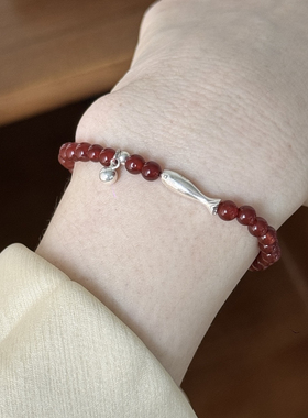 年年有鱼 S925纯银锦鲤小鱼红玛瑙手链新中式风串珠叠戴百搭手饰