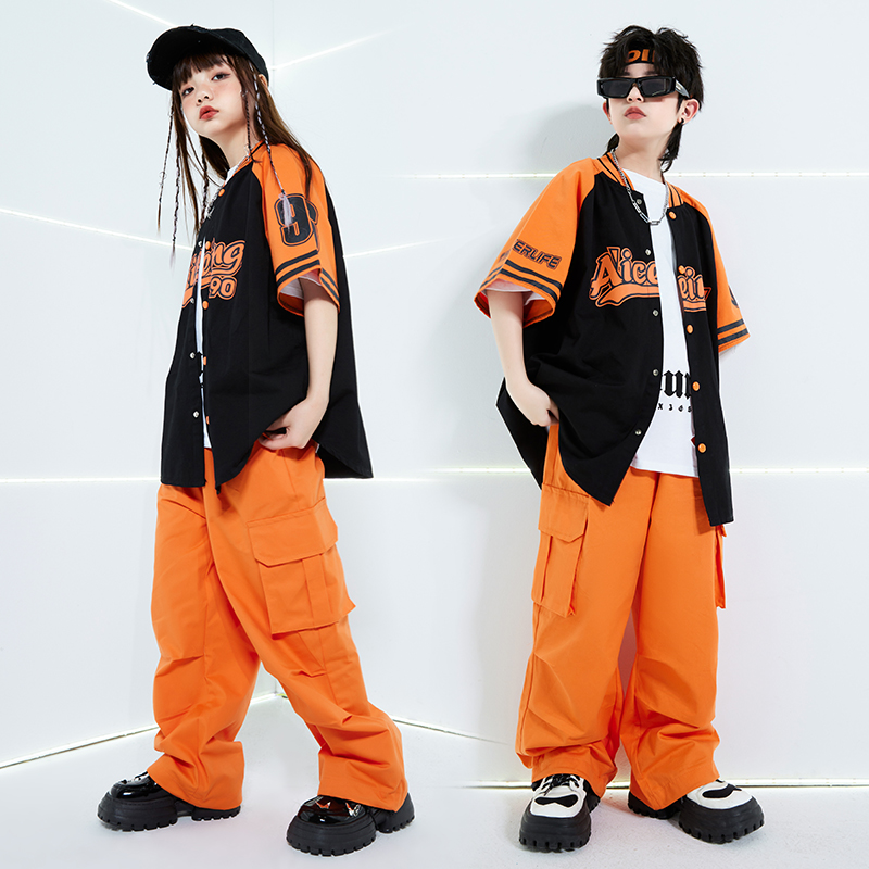 儿童街舞套装hiphop潮酷男童嘻哈棒球服短袖外套演出服2024新品夏