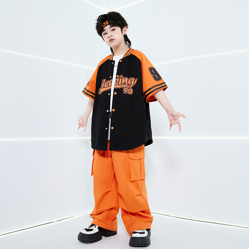 儿童街舞套装hiphop潮酷男童嘻哈棒球服短袖外套演出服2024新品夏