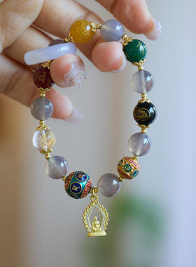 寺庙同款天然玛瑙五路财神手链女烟紫玛瑙无相本命佛国风手串