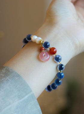 寺庙同款天然蓝色糖心玛瑙手链女半糖四叶草好运桃桃复古手链