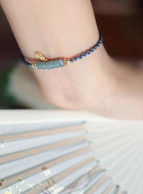 天然蓝水翡翠手链女冰种蓝水算盘珠手链S925银手工编织手绳