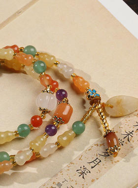 翡亦民族风天然金丝玉手串新疆彩玉女款三圈金丝玉葫芦吊树叶手链