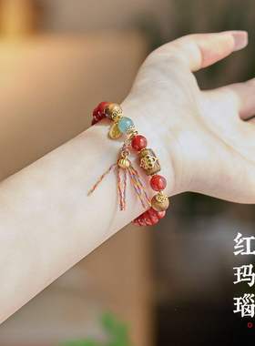 天然红玛瑙手链女沉香珐琅好运葫芦手串本命年仿南红好运手串