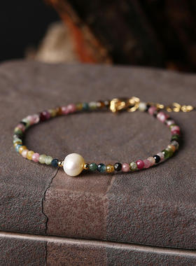 时尚天然碧玺淡水珍珠手链 气质简约彩虹色森系学生手环纤细切面