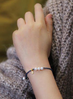 天然珍珠编织手链女 925银福牌珍珠三圆珠手工编织手绳活动小礼品