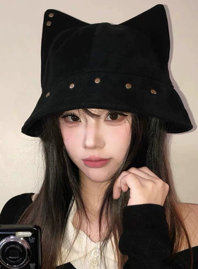 韩版朋克铆钉猫耳显脸小渔夫帽