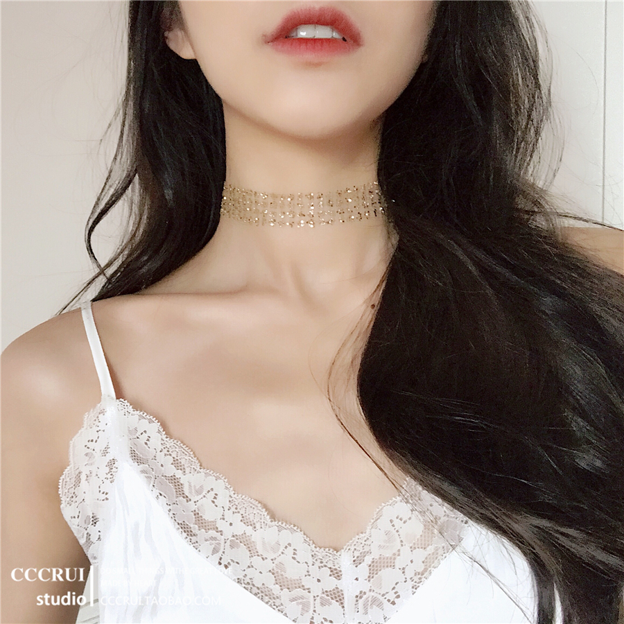 CCCRUI 欧美金色超闪项圈女颈带原创自制手工隐形保色颈链choker - 图1