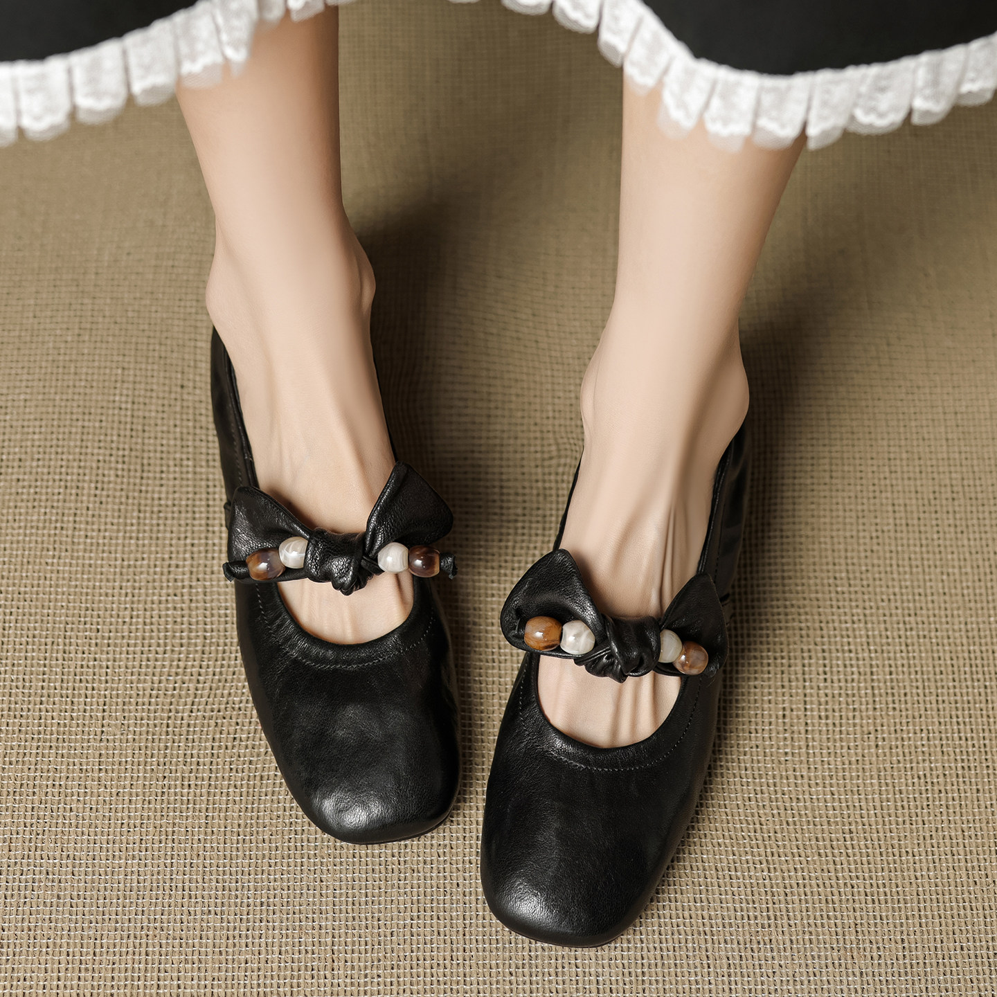 2025春秋新款真皮串珠蝴蝶结一字带玛丽珍鞋女复古粗低跟浅口单鞋,淘宝优惠券,粉丝福利购,淘宝优惠卷