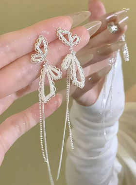 无耳洞「蝶织蕾丝」白色蝴蝶长款流苏耳饰气质百搭无痛蚊香盘耳夹