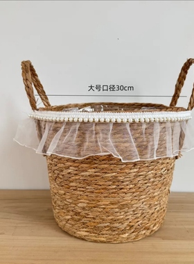 手工编织蒲草收纳桶手提珍珠配饰带塑料内衬绿植花盆花器客厅装饰