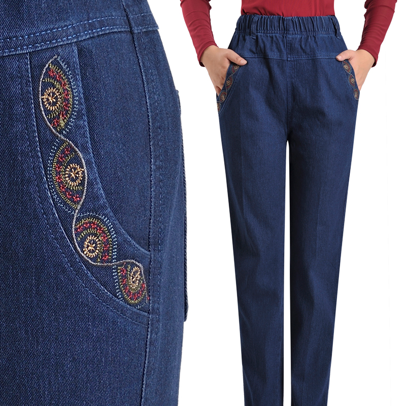 2017春秋中老年牛仔裤女高腰弹力牛仔裤女直