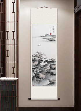 春江泛舟闫焕然丝绸卷轴装饰挂画客厅展会礼品传统国画丝绸挂画