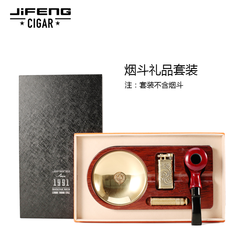 JIFENG季风斜火烟斗摆件纯铜压棒烟刀实木雪茄烟缸醒烟盘烟斗托架 - 图1