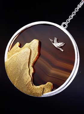 《斜阳照鹤归》新中式月光石纯银S925女创意设计手工毛衣项链吊坠