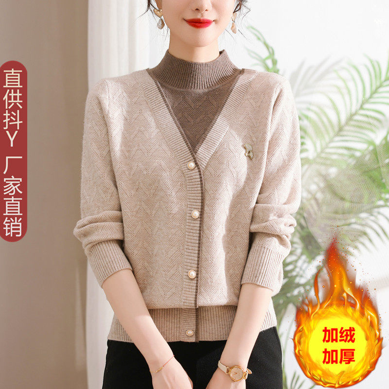 中年妈妈装加绒加厚毛衣中老年女装针织打底衫奶奶秋冬假两件上衣