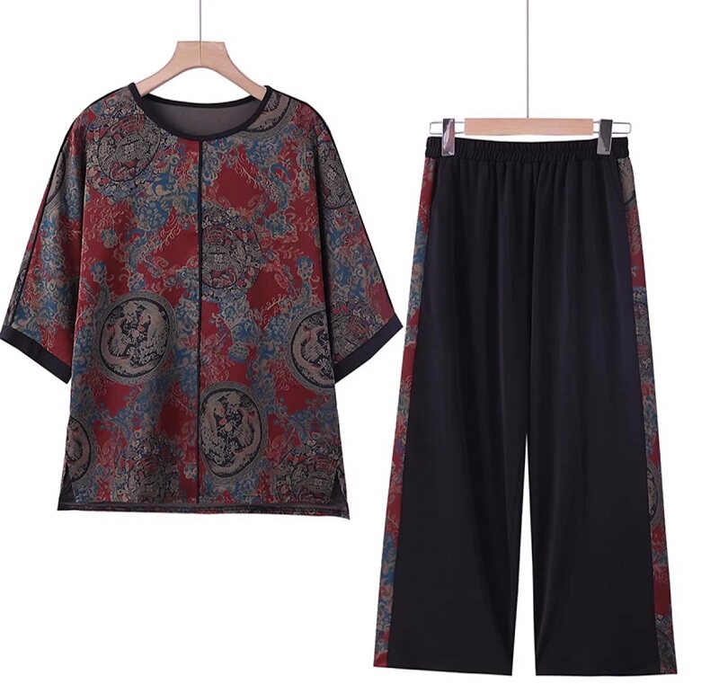 妈妈夏装短袖套装中老年人洋气大码女装奶奶复古两件套阔太太衣服