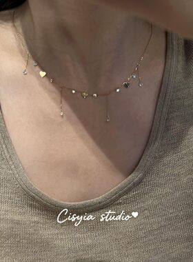 满天星锆石水滴爱心流苏项链配饰简约小众设计时尚个性锁骨链颈链