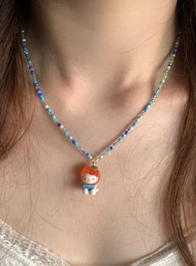 中古kitty挂件串珠项链手作米珠链锁骨链昭和风百搭配饰y2k辣妹