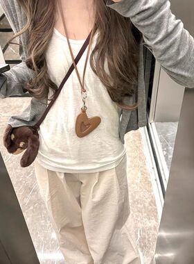 韩国ins长款磁吸爱心挂脖皮革零钱包挂绳项链户外百搭毛衣链配饰