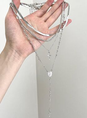 「朝雾圣歌」银色十字架流苏多层项链 vintage小众复古叠戴锁骨链