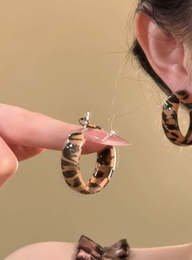 摩登女郎~咖色美拉德豹纹耳环女高级感耳圈耳钉复古秋冬气质耳饰
