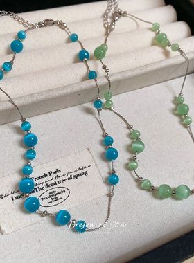 蓝色圆珠项链小清新简约锁骨链小众设计时尚个性高级感颈链配饰