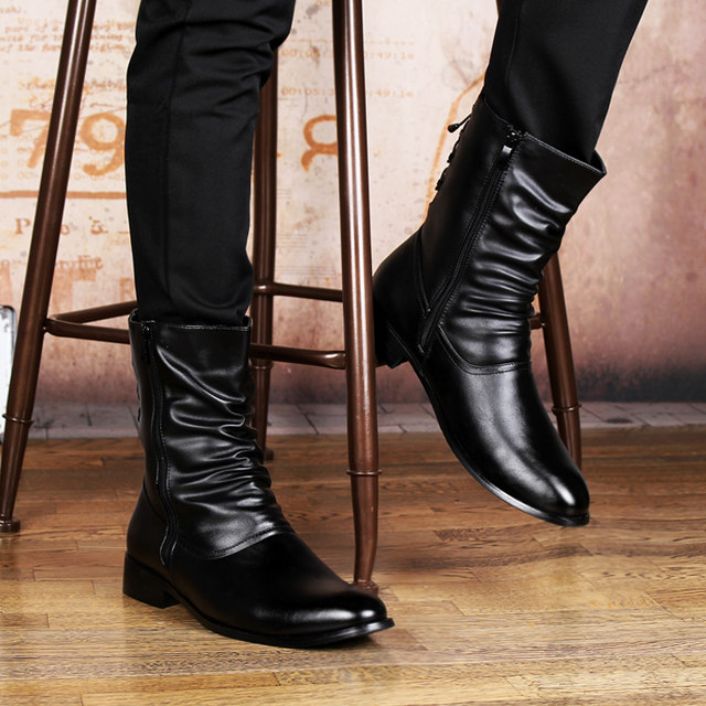 Versatile long men's boots, trendy leather boots, mid-calf Martin boots