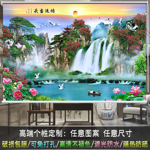 风景山水画遮光卷帘窗帘卷拉式升降手拉式免打孔新中式办公室客厅 - 图2
