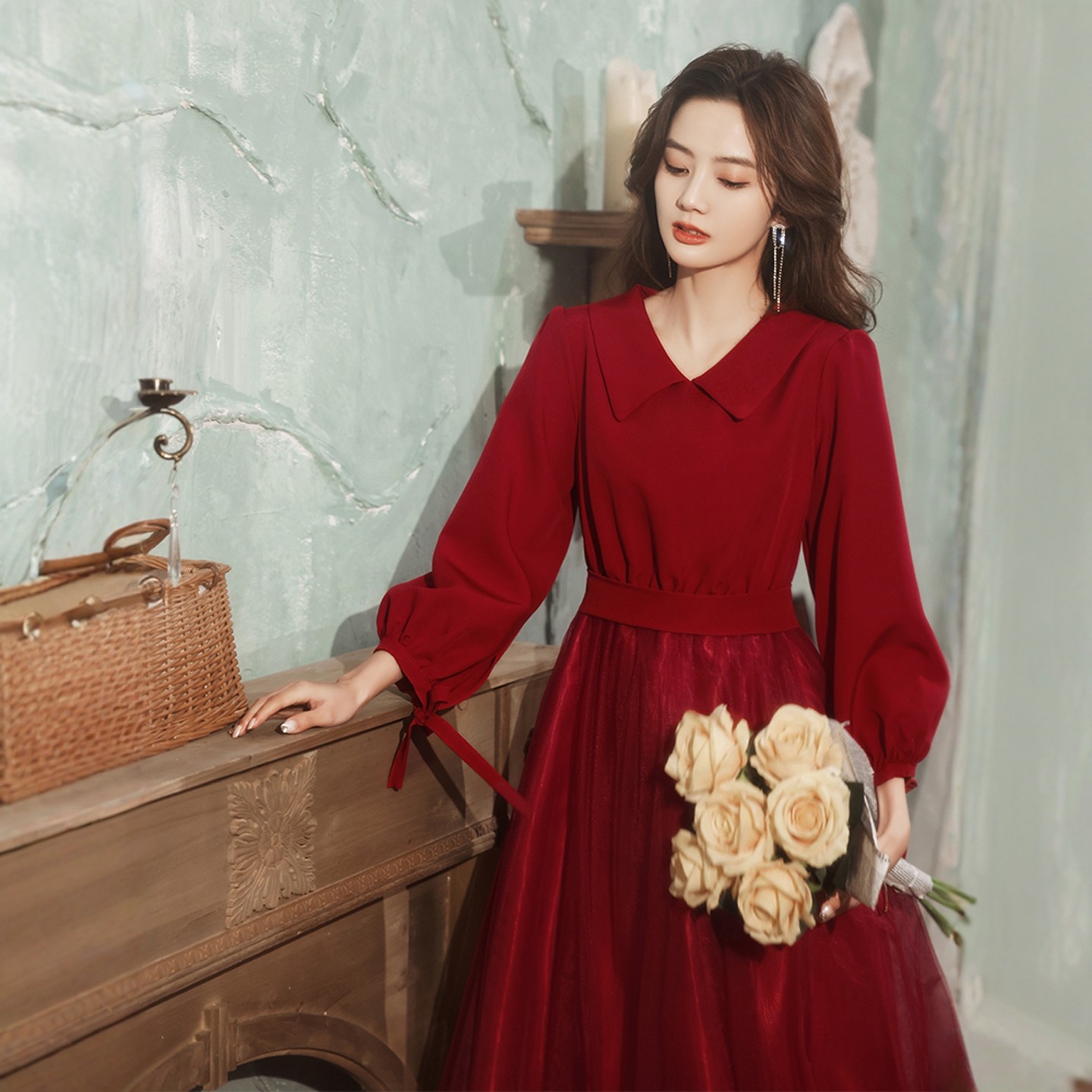 海棠记敬酒服瘦新娘胖mm纱裙高级感酒红色娃娃领订婚高腰礼服裙女,淘宝优惠券,粉丝福利购,淘宝优惠卷