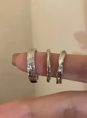 网红食指戒ins素圈三件套尾戒戒指个性女冷淡风简约百搭银色气质