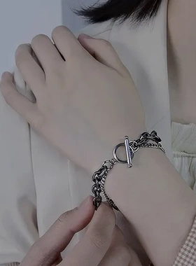 ins钛钢小众手链双层复古手饰单身潮个性简约男男士网红设计