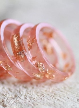 少女粉刻面金箔树脂戒指