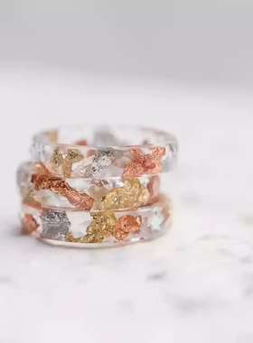 手工制作透明玫瑰银箔情侣戒指