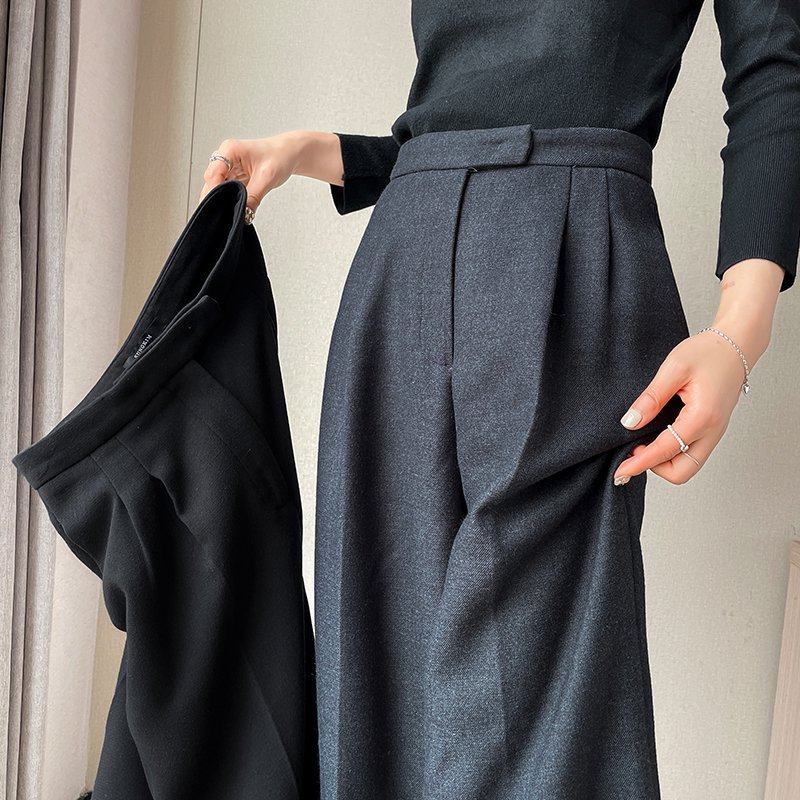 黑色毛呢加绒西装裤女春秋季2026年新款高级感垂感宽松阔腿长裤子,淘宝优惠券,粉丝福利购,淘宝优惠卷