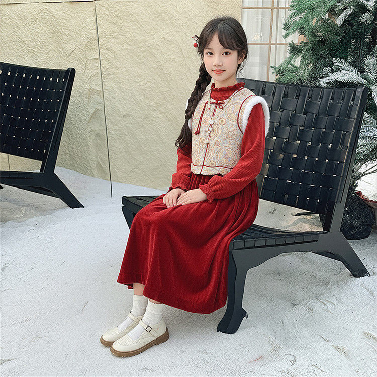 红色连衣裙秋冬中大童新中式拜年服加绒加厚本命年汉服马甲三件套,淘宝优惠券,粉丝福利购,淘宝优惠卷