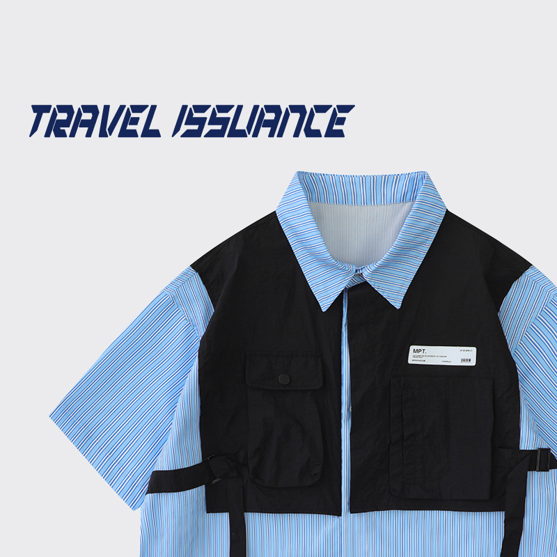 TRAVEL ISSUANCE 非同一般 潮牌工装机能风条纹拼接宽松短袖衬衫 - 图0