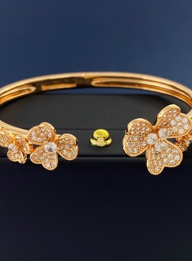 欧美风高品质满钻心形7花手环三叶草六瓣花开口双花手镯镶嵌锆石
