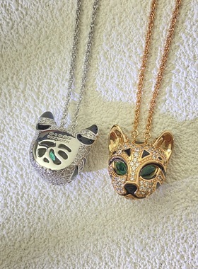 豹猫项链女孟加拉立体豹子头满钻祖母绿v金材质锁骨链轻奢感