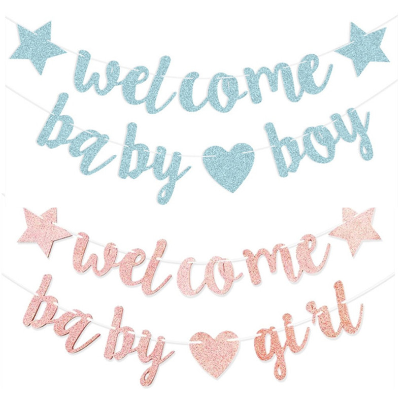 WELCOME BABY GIRL BOY闪闪纸质迎婴派对拉花拉旗 - 图0