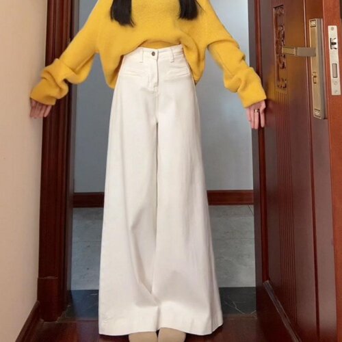 白色阔腿牛仔裤女2026夏季新款高腰宽松不贴腿显瘦垂感直筒拖地裤 - 图0