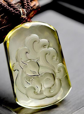 招财天然黄水晶狐狸吊坠女九尾狐